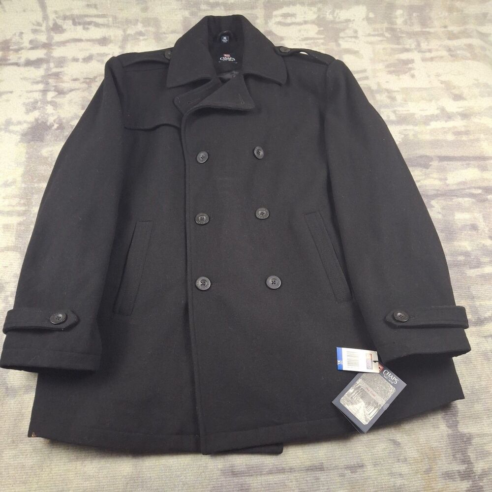 NWT Chaps Mens XL Black Pea Coat Double Breasted Wool Blend Winter Jacket New
